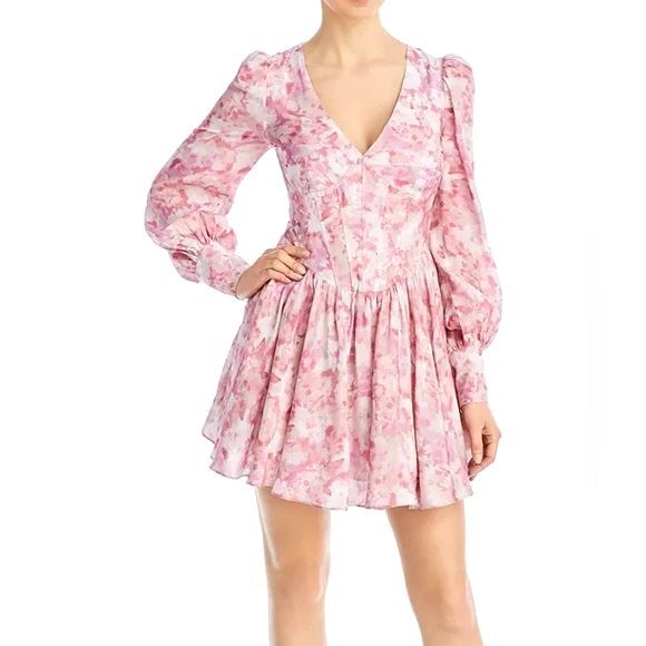 NWT Bardot Zelina Long Sleeve Mini Dress Corset Bodice Pink Floral Size 4 NEW - Picture 1 of 16